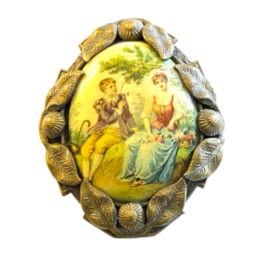 Vintage Style Cameo Brooch With Bronze Tone Ornate Border